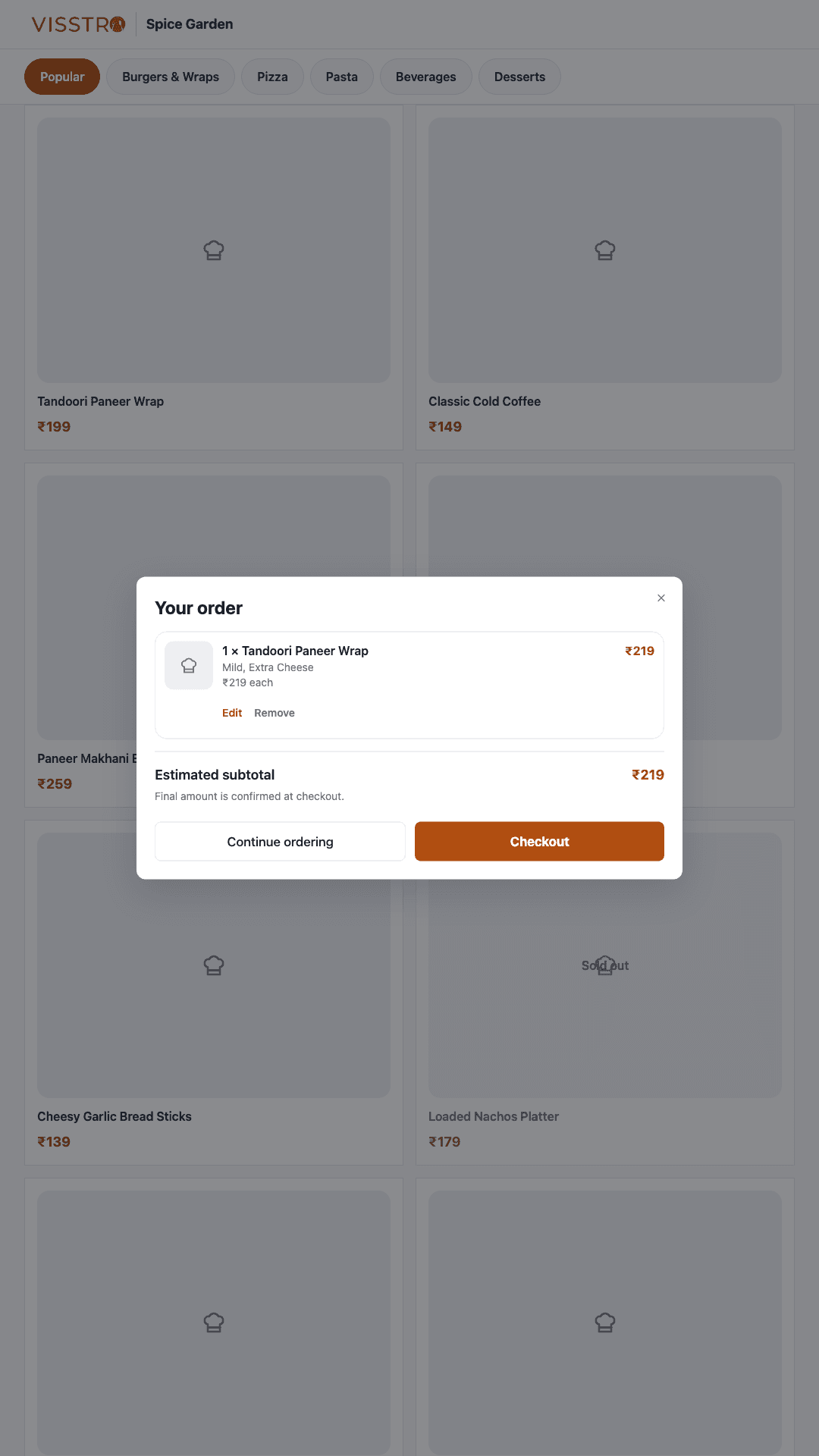 VISSTRO Kiosk cart screen.