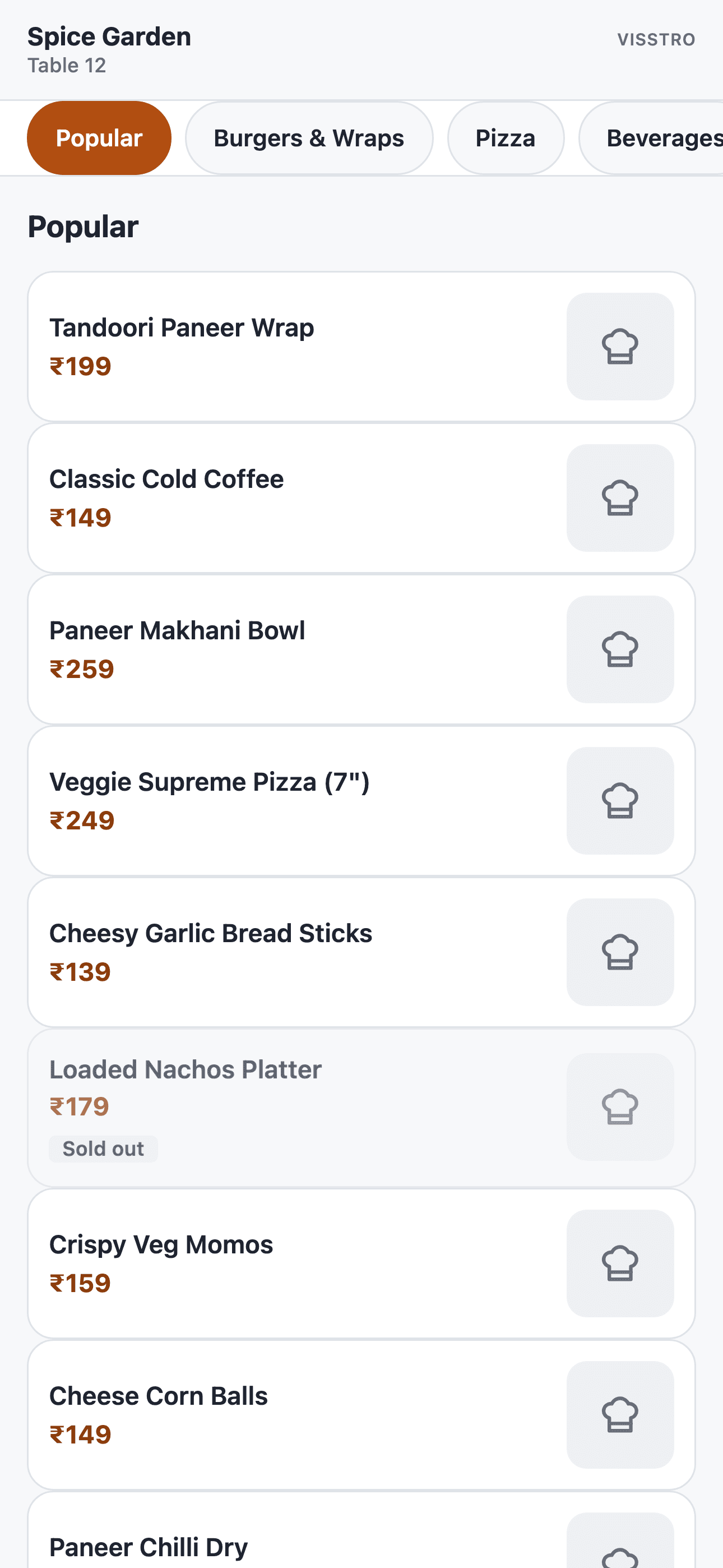 VISSTRO QR / Table Ordering menu-browsing screen.