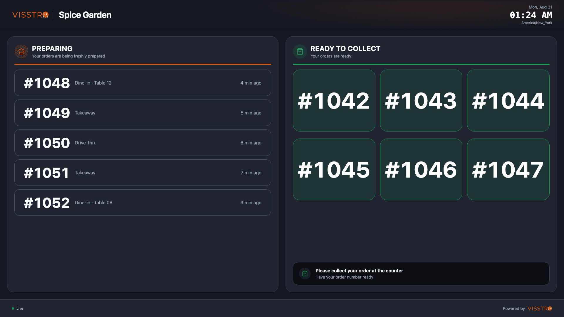 VISSTRO Customer Display order-status screen.
